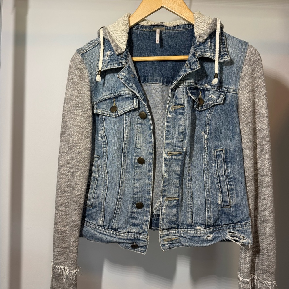 Free People Denim Jacket with Gray Sleeves and Hood